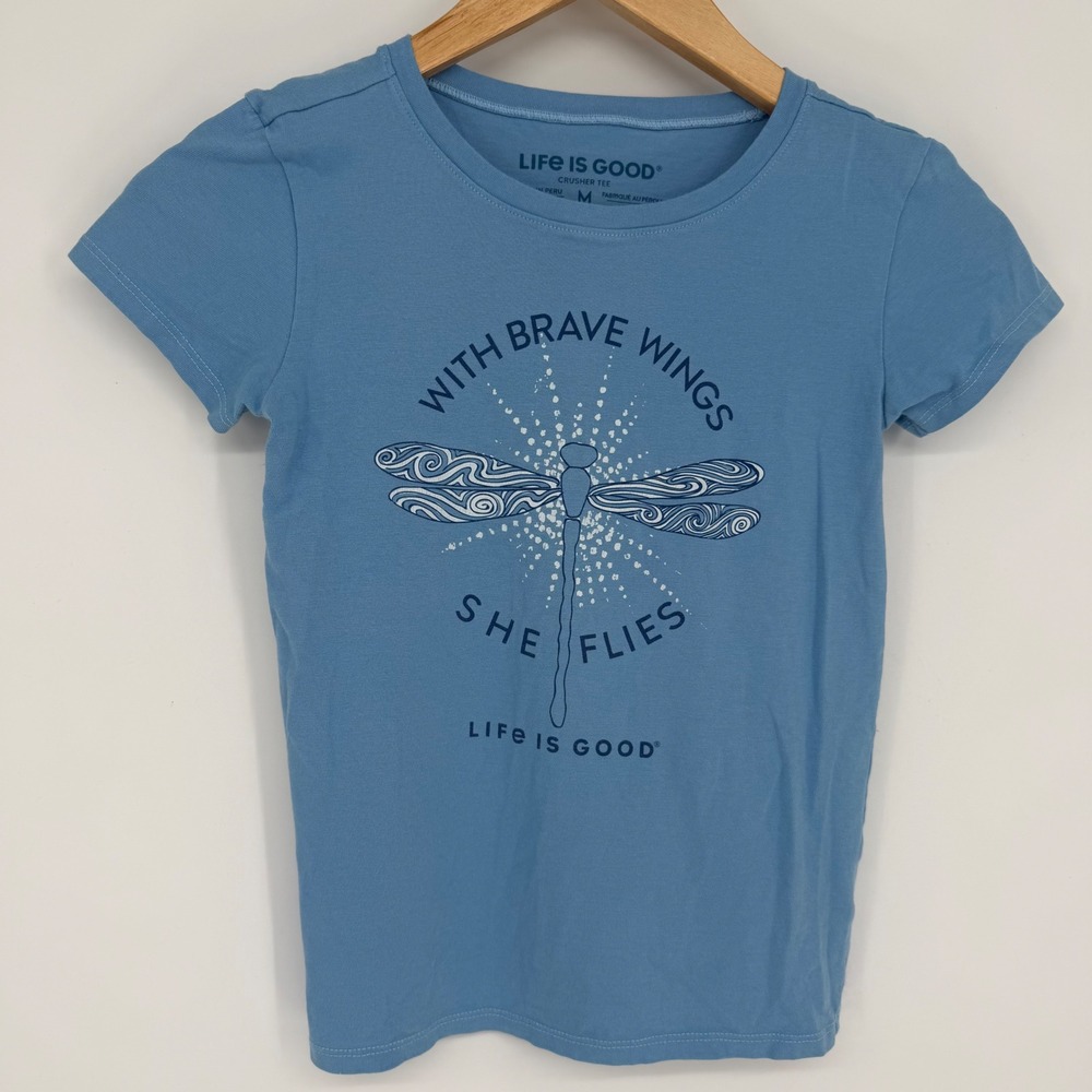 Life Is Good Girls Tee Blue Dragonfly Size M 7-8 With Brave Wings Whimsical